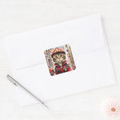 Schattigee Tabby Cat in Brandweerman Uniforme Wate Vierkante Sticker (Envelop)