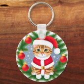 Schattigee Tabby Cat in Santa Outfit Sleutelhanger (Voorkant)