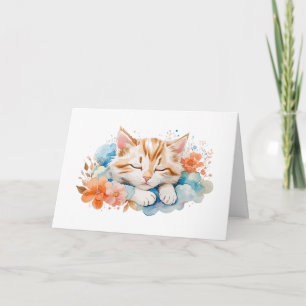 Schattigee Tabby Cat Slapen Onder Bloemen Blank Kaart