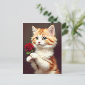 Schattigee Tabby Ginger Cat Holding een Rode Roos Briefkaart (Staand voorkant)