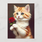 Schattigee Tabby Ginger Cat Holding een Rode Roos Briefkaart (Voorkant)