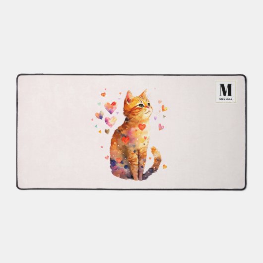 Schattigee Tabby kat met harten Monogram Bureaumat (Voorkant)