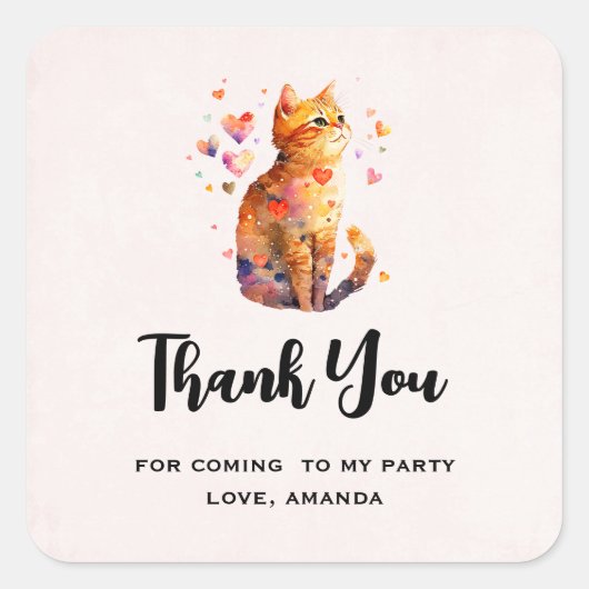 Schattigee Tabby Kat met harten Party Dank u Vierkante Sticker (Voorkant)