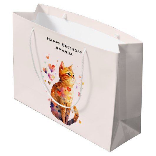 Schattigee Tabby Kat met Hartjes Verjaardag Groot Cadeauzakje (Achterkant Gekanteld)