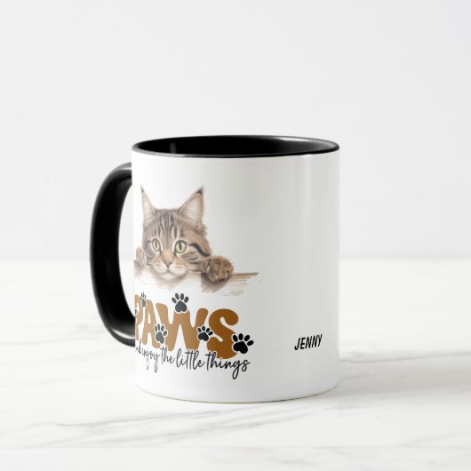 Schattigee Tabby Stripe Kitten Paws en Geniet Mok (Voorkant links)