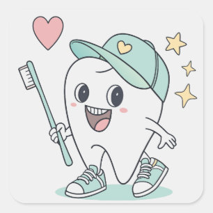 Schattigee Tand Cartoon met Tandenborstel – Sticke Vierkante Sticker