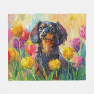 Schattigee teckel kleurrijke tulpen schilderij fleece deken