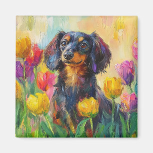 Schattigee teckel kleurrijke tulpen schilderij magneet