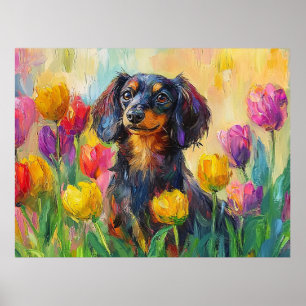 Schattigee teckel kleurrijke tulpen schilderij poster