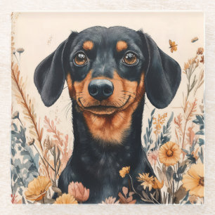 Schattigee Teckel met Wildflowers Schilderij Glazen Onderzetter