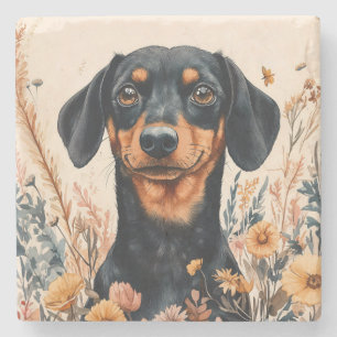 Schattigee Teckel met Wildflowers Schilderij Stenen Onderzetter