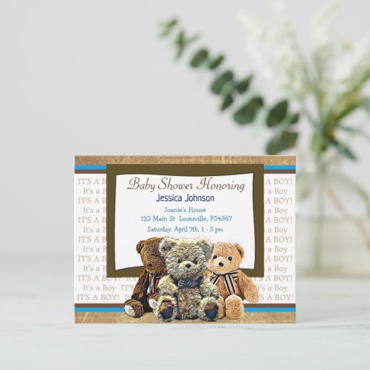 Schattigee Teddy Bear Themd Boy's Baby shower Uitnodiging Briefkaart (Staand voorkant)