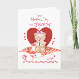 Schattigee teddy op Baby Girl's 1st Feestdagen Kaart