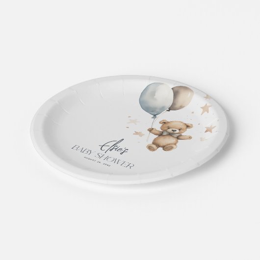 Schattigee teddybeer & ballonnen jongen Baby showe Papieren Bordje (Gekanteld)