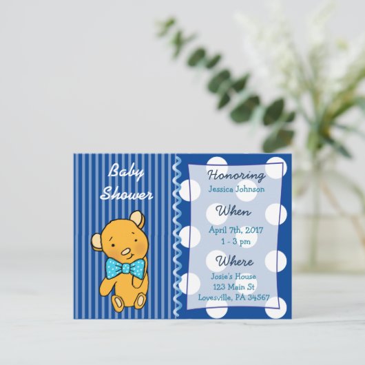 Schattigee teddybeer blauw Baby shower uitnodiging (Staand voorkant)