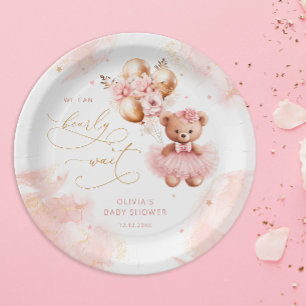 Schattigee teddybeer gouden ballon roze baby meisj papieren bordje