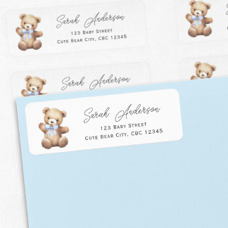 Schattigee Teddybeer met blauwe lint jongensdouche Etiket