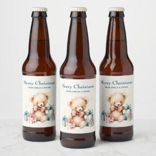 Schattigee teddybeer met cadeaus Vrolijk kerstfees Bier Etiket