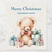 Schattigee teddybeer met cadeaus Vrolijk kerstfees Wijn Etiket (Enkel label)