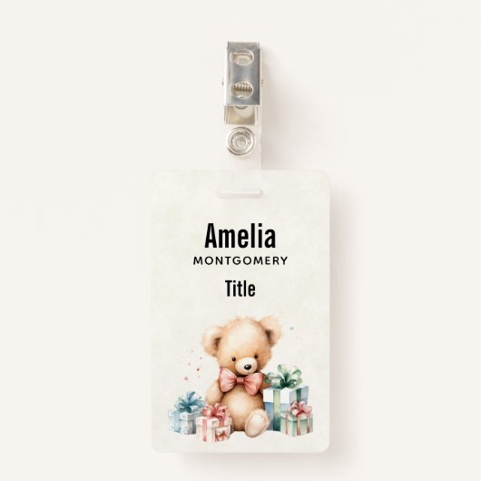 Schattigee teddybeer met kerstcadeaus badge (Voorkant met clip)