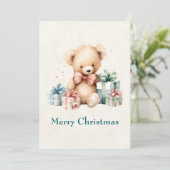 Schattigee teddybeer met kerstcadeaus feestdagenkaart (Staand voorkant)