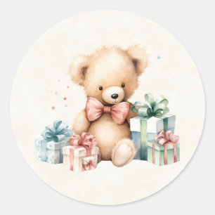 Schattigee teddybeer met kerstcadeaus ronde sticker
