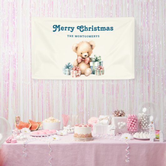 Schattigee teddybeer met kerstcadeaus spandoek (Feest)