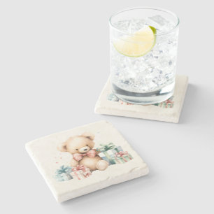 Schattigee teddybeer met kerstcadeaus stenen onderzetter