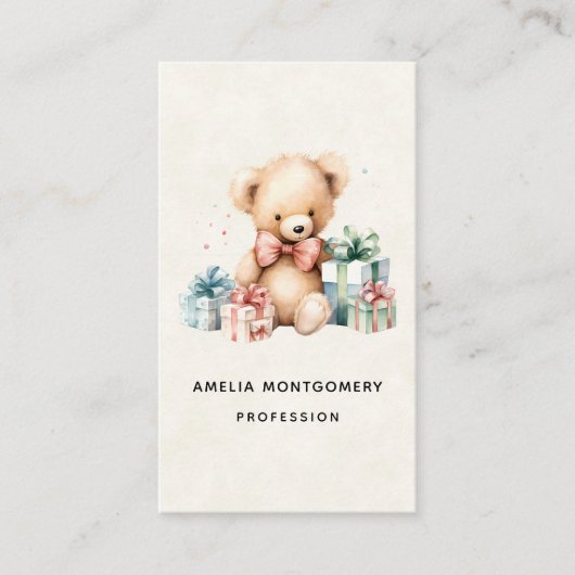 Schattigee teddybeer met kerstcadeaus visitekaartje (Voorkant)