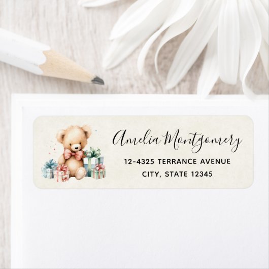 Schattigee teddybeer met kerstcadeautjes Adres Etiket (Insitu)