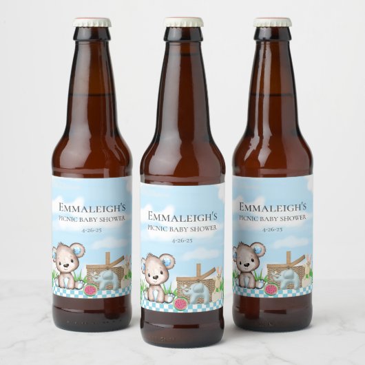 Schattigee teddybeer n vrienden picknick Baby show Bier Etiket (Flessen)
