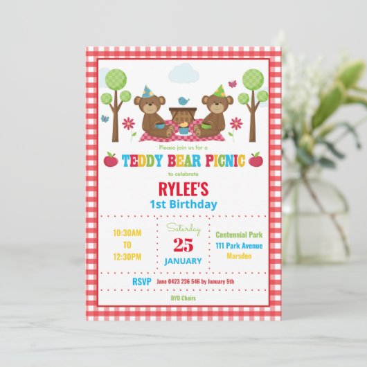 Schattigee teddybeer picknick 1e verjaardagsfeest  kaart (Staand voorkant)