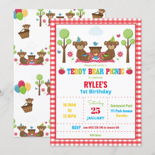 Schattigee teddybeer picknick 1e verjaardagsfeest kaart