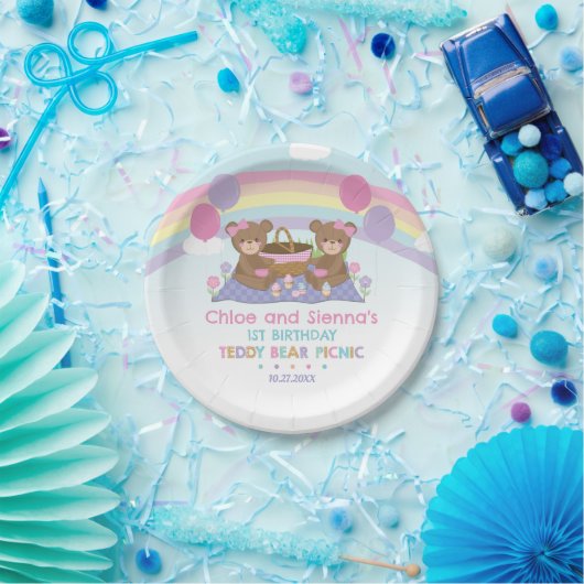 Schattigee teddybeer picknick regenboog tweeling m papieren bordje (Feest)