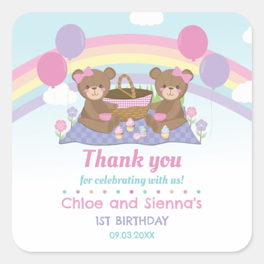 Schattigee teddybeer picknick regenboog tweeling m vierkante sticker (Voorkant)