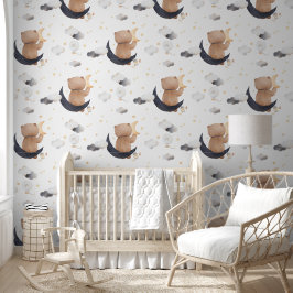 Schattigee teddybeer zittend op maan witte kinderk behang