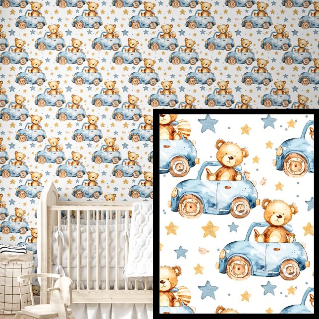 Schattigee Teddyberen in blauwe auto's Behang (Creator heeft geüpload)