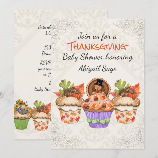 Schattigee Thanksgiving Cupcakes Baby shower Invit Kaart (Voorkant / Achterkant)