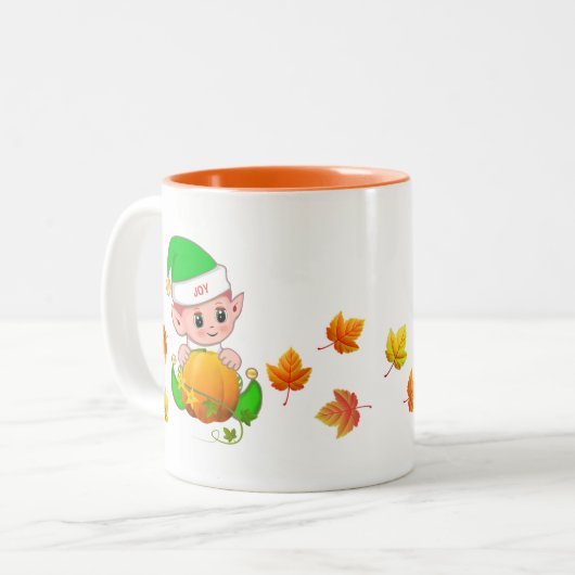 Schattigee Thanksgiving Elf met pompoen & herfstbl Tweekleurige Koffiemok (Voorkant links)