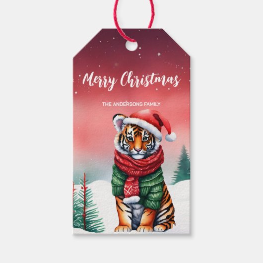 Schattigee tijgersafari Kerstfeest Sneeuw kinder Cadeaulabel (Voorkant)