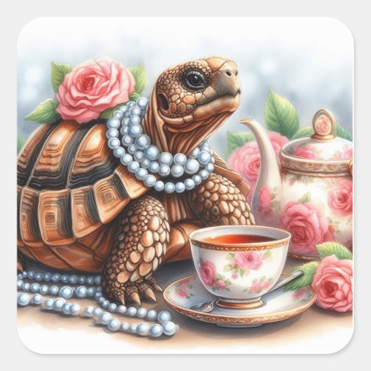 Schattigee Tortoise Tea Party Vierkante Sticker (Voorkant)