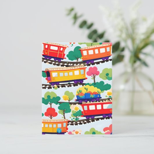 Schattigee treinen en bomen patroonblauw briefkaart (Staand voorkant)