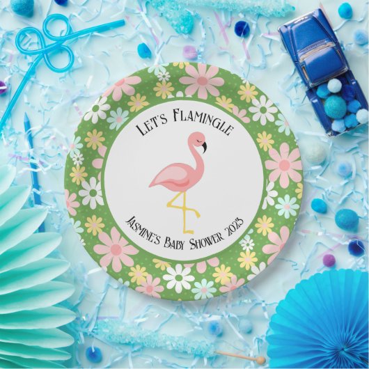 Schattigee tropische flamingo en Retro Daisy Flowe Papieren Bordje (Feest)