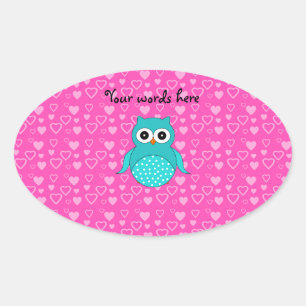 Schattigee turquoise uil roze harten ovale sticker