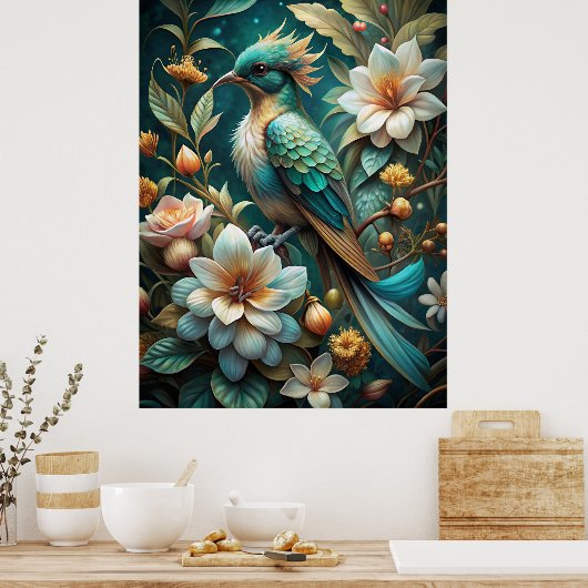 Schattigee turquoise vogel poster (Keuken)