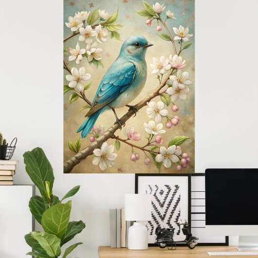 Schattigee turquoise vogel poster (Thuiskantoor)