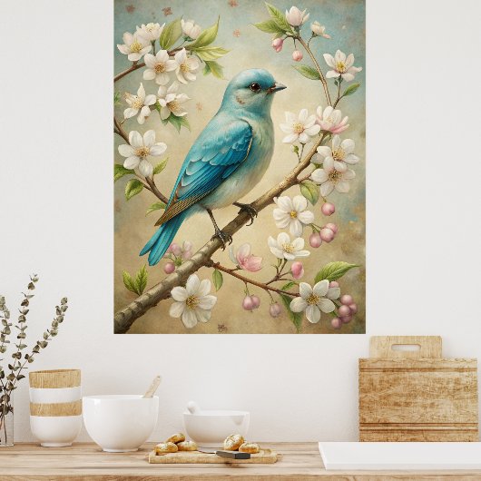 Schattigee turquoise vogel poster (Keuken)