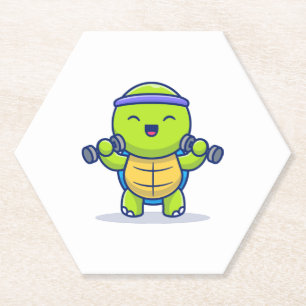 Schattigee Turtle Lifting Dumbbells Cartoon Illust Kartonnen Onderzetters