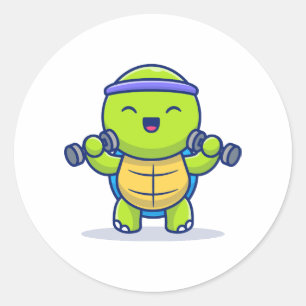 Schattigee Turtle Lifting Dumbbells Cartoon Illust Ronde Sticker