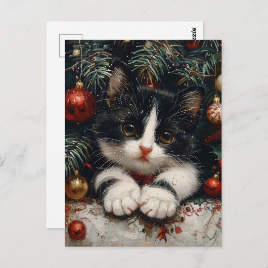 Schattigee Tuxedo Kitten Kerstkattenkunst Briefkaart (Voorkant / Achterkant)